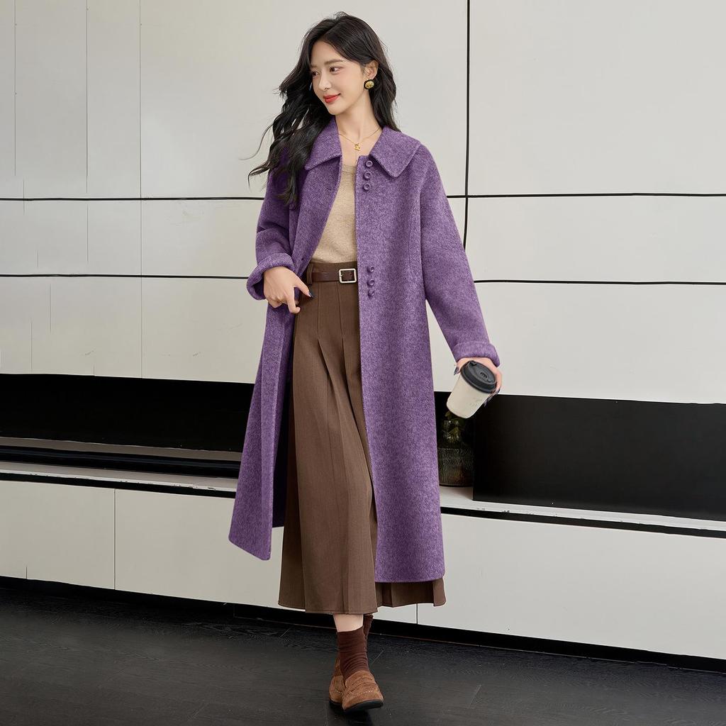 2025 Autumn/Winter Korean A-Line Cashmere Wool Overcoat with Doll Collar - Loose, Plus Size Fashion.