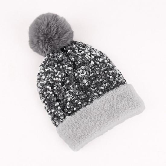 Women Warm Faux Fur Beanie Bobble Pom Pom Hat Sequin Cute Ski Snow Winter Hat