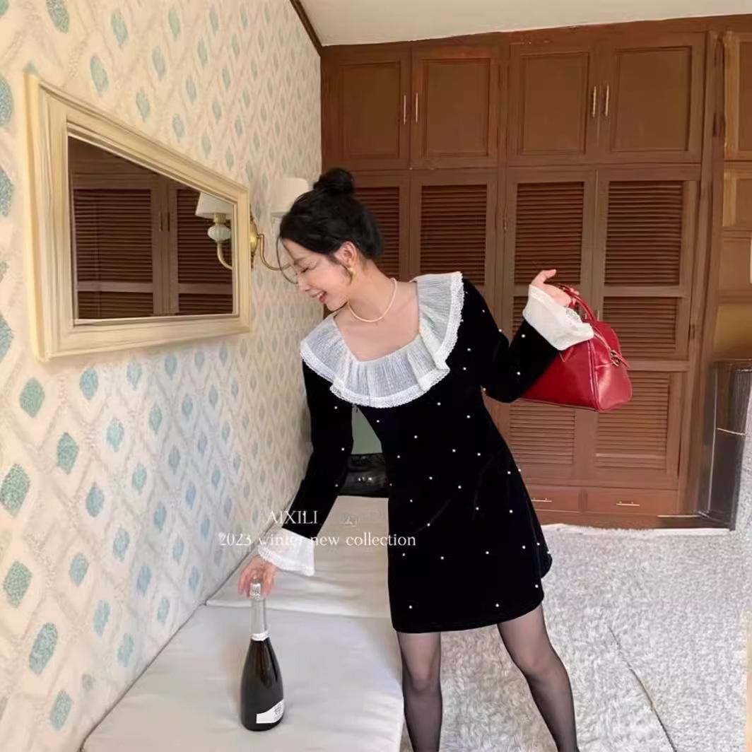 

Платье больших размеров на весну и осень с квадратным вырезом, кружевом и жемчугом, темпераментное, с приталенным А-силуэтом 2XL чёрный