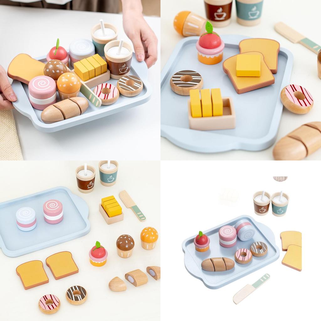 Wooden Play Pretend Kitchen Set With Breakfast Food And Milk For Toy Toddlers