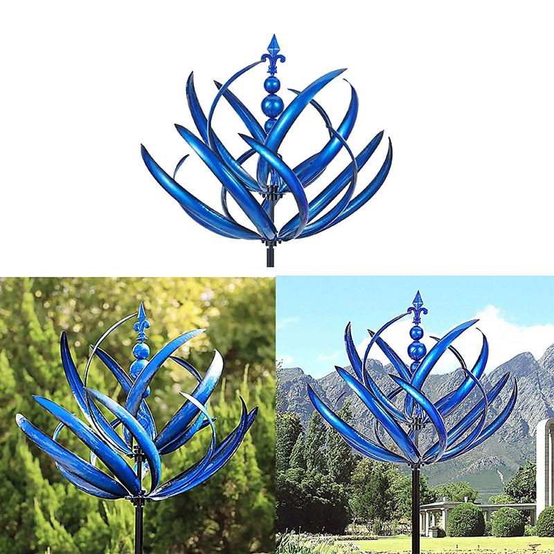 Girasole Cinetico a Forma di Fiore di Loto in Metallo Blu, Mulino a Vento Impermeabile Rotante a 360° per Decorazione di Giardino, Cortile, Prato, Ornamento Scultura Artistica da Esterno Resistente alla Ruggine