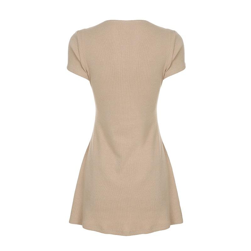 Women Beige V Neck Button Front Short Sleeve Knit Bodycon Mini Dress