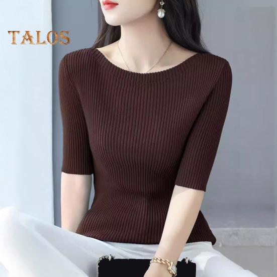 Women Tops Slim Fit Solid Color Ribbed T-Shirt Round Neck Half Sleeve Elastic Pullover Tops Daily Wear