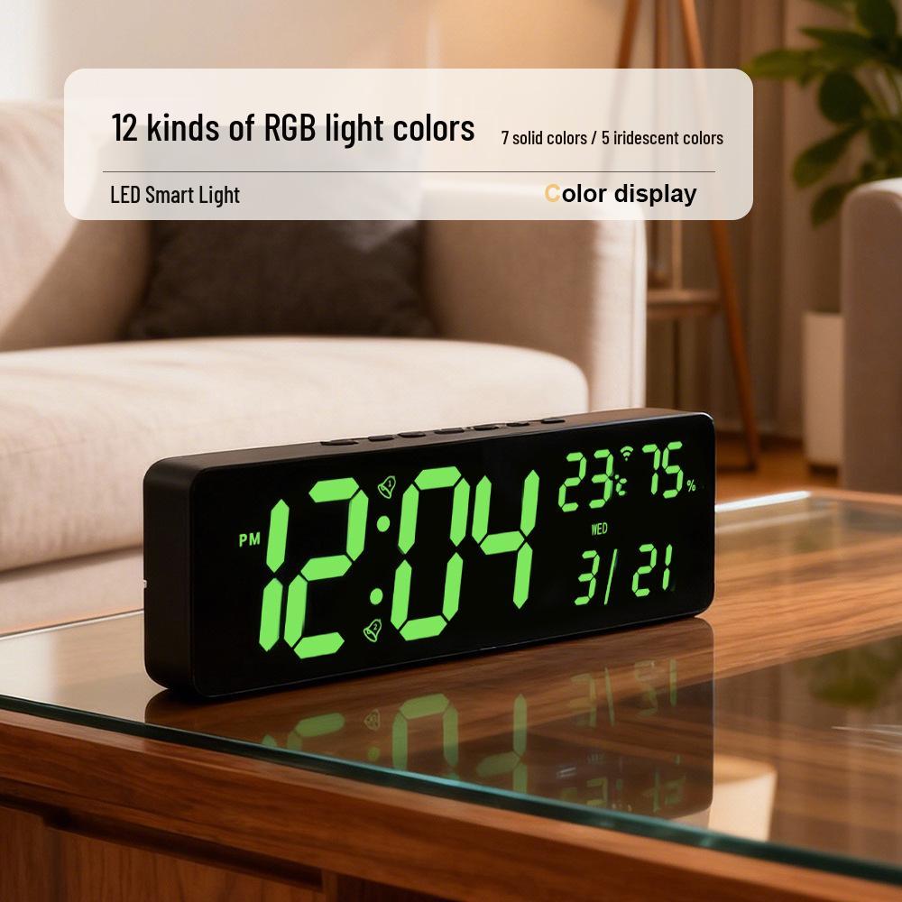 RGB Bluetooth Smart Wall Clock with Automatic Time Sync, Alarm, Temperature & Humidity Display, Perpetual Calendar, and Remote Control.