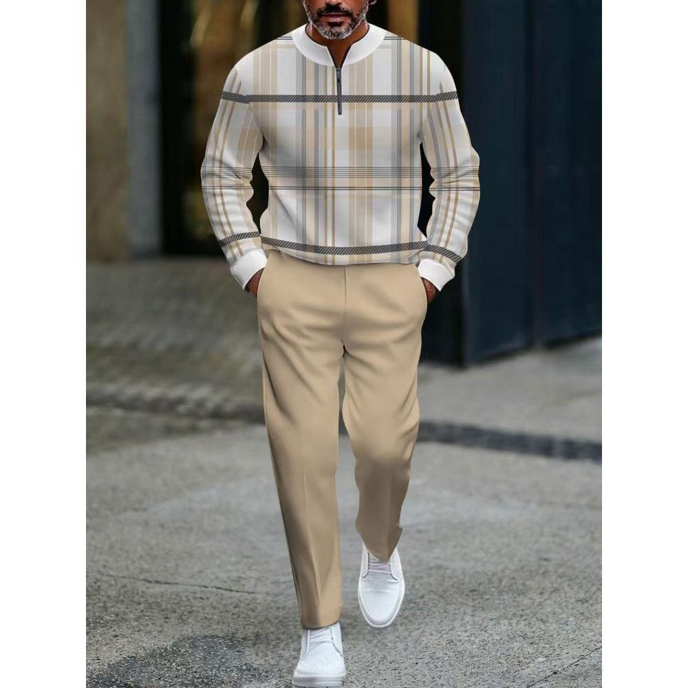 Spring Autumn Fashion Streetwear Men's Long-Sleeved Half-Zipper Stand-Up Collar Casual Sportswear Men's Clothing Two-Piece Set