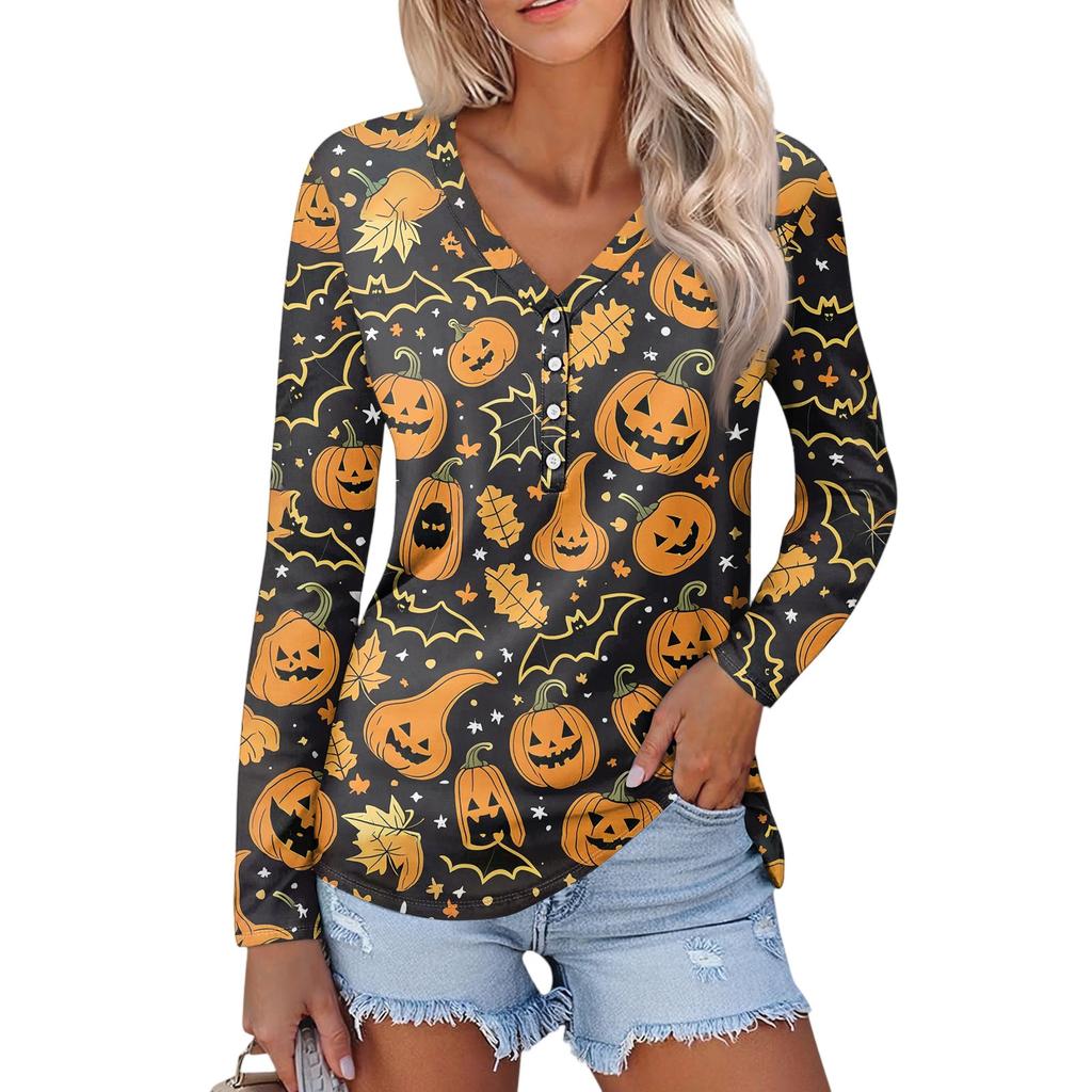 Women's Casual Fashion Sexy Comfort Halloween Printed V-Neck Button Long Sleeve