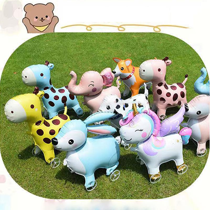 Cartoon Animals Stand Up Aluminum Film Balloons With Wheels Unicorn Tiger Giraffe Elephant Dinosaur Birthday Party Decoration