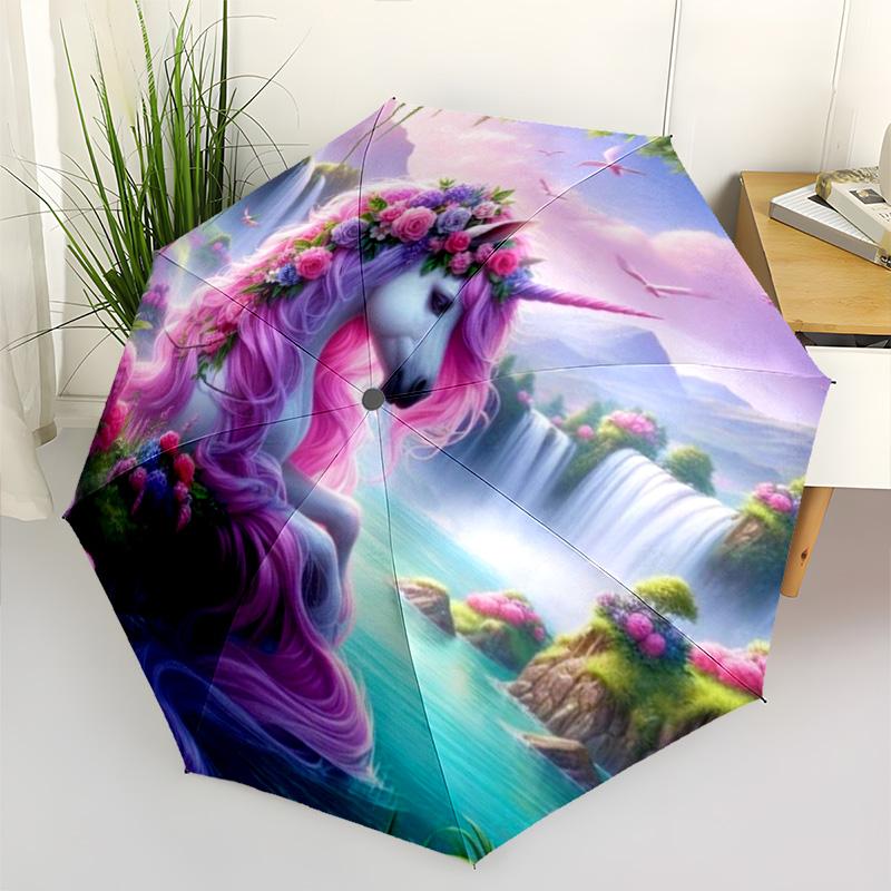 Magical Rainbow Unicorn Print Umbrella, Compact Auto Open/Close Travel Umbrella, Windproof Waterproof for Fantasy Lovers