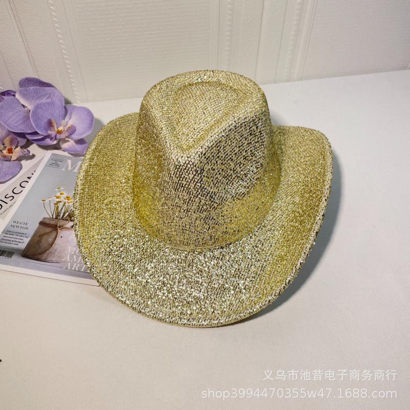 Lace New Gold Silk Western Cowboy Hat Women's Stage Woolen Hat Top Hat Men's and Women's Party Holiday Hat