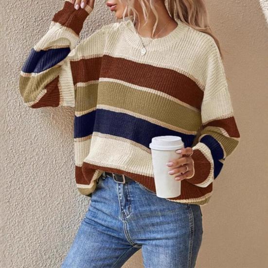Women Sweater Round Neck Long Sleeve Knitted Tops Striped Print Loose Fit Soft Elastic Warm Winter Sweater