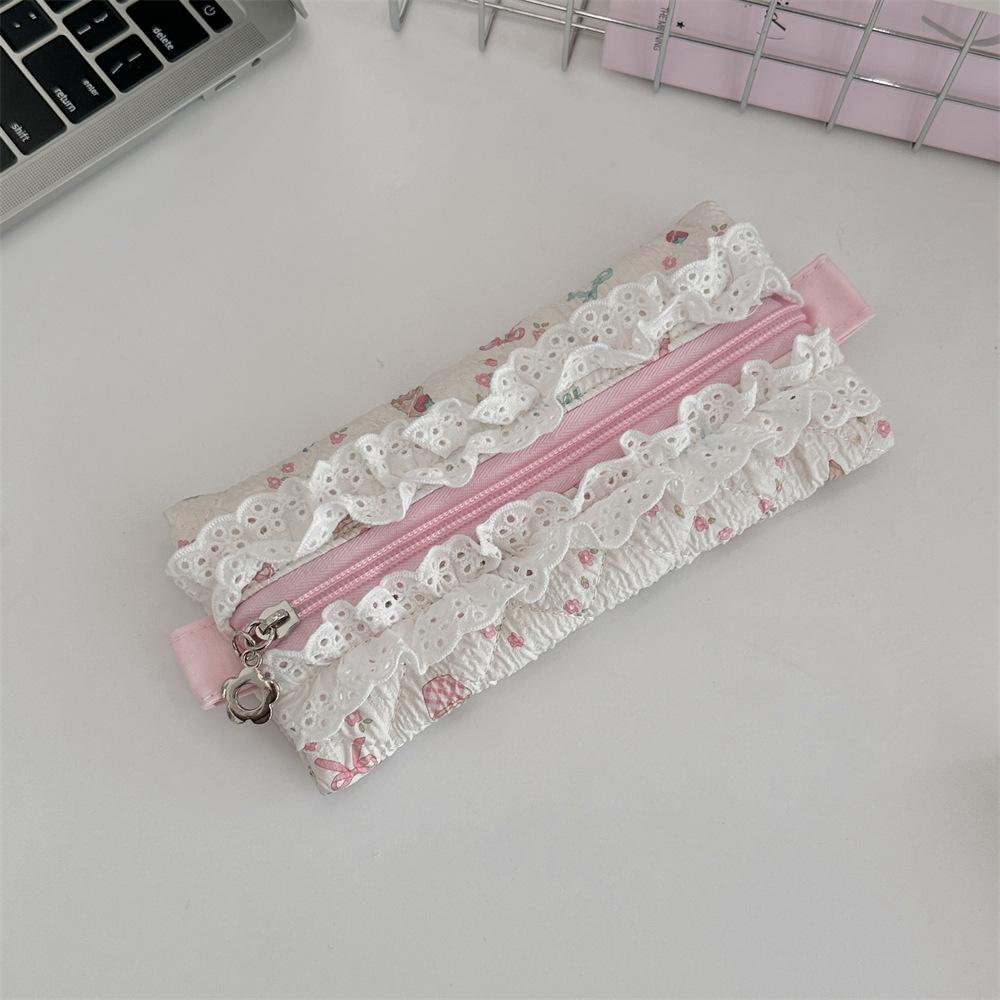 Cute Sweet Lace Ruffle Pencil Case for Girl Pink Color Cartoon Animal Pen Pouch Portable Creative Design Stationery Organizer
