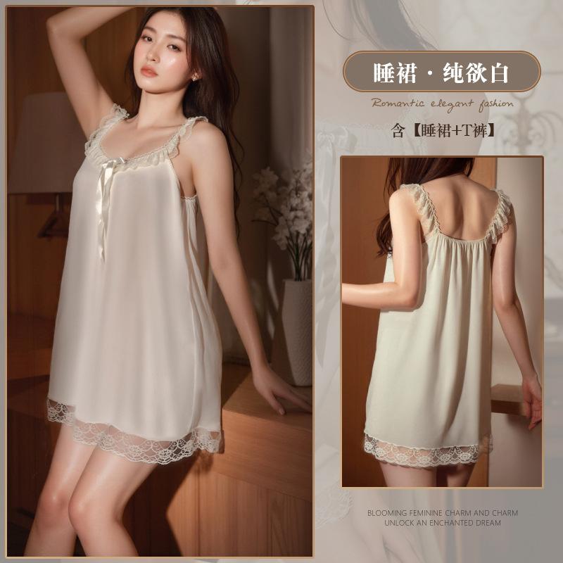 

Women s summer new Korean version suspender ice silk dress sweet princess style bow lace nightdress One size fits all белый