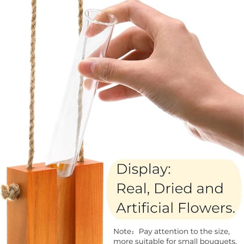 Wooden Hanging Planters Bohemia Wall Plant Propagation Terrarium Flower Tube Vase with Wood Stand, Indoor Propagator for Plants