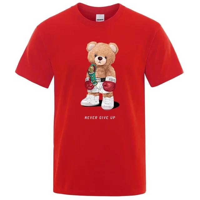 strong Boxer Teddy Bear Never Give Up Print Funny T-Shirt Men Cotton Casual Short Sleeves Loose Oversize S-XXXL Tee Clothing