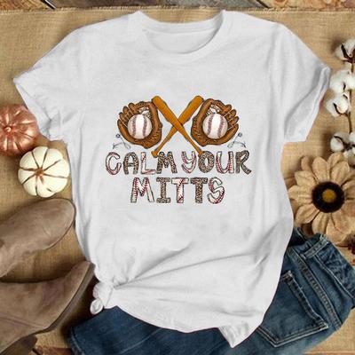 Calm Your Mitts Baseball Letter Print Short Sleeve T Shirts Women'S Crew Neck T-Shirts Summer Comfy Soft Tees Tops Size Xxs-4Xl