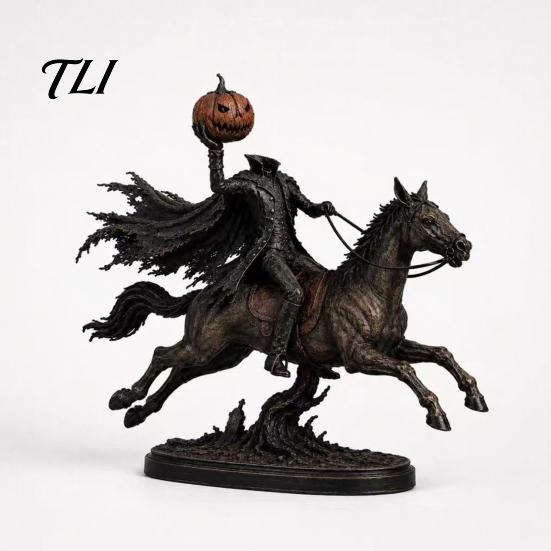 Halloween Atmosphere Prop Knight on Horseback with Luminous Pumpkin Head Resin Figurine, Decorative Gaming Room Shelf Accessory Lighted Horse