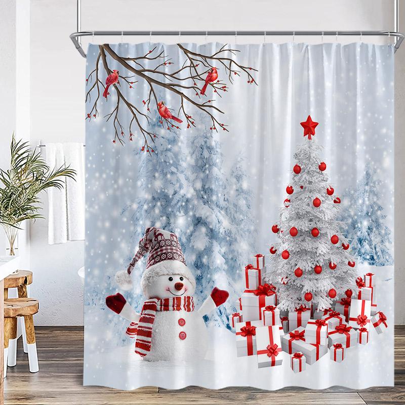 Cute Snowman Christmas Shower Curtains Xmas Tree Gift Winter Forest Red Bird Cedar Snowflake Scenery Home Bathroom Curtain Decor