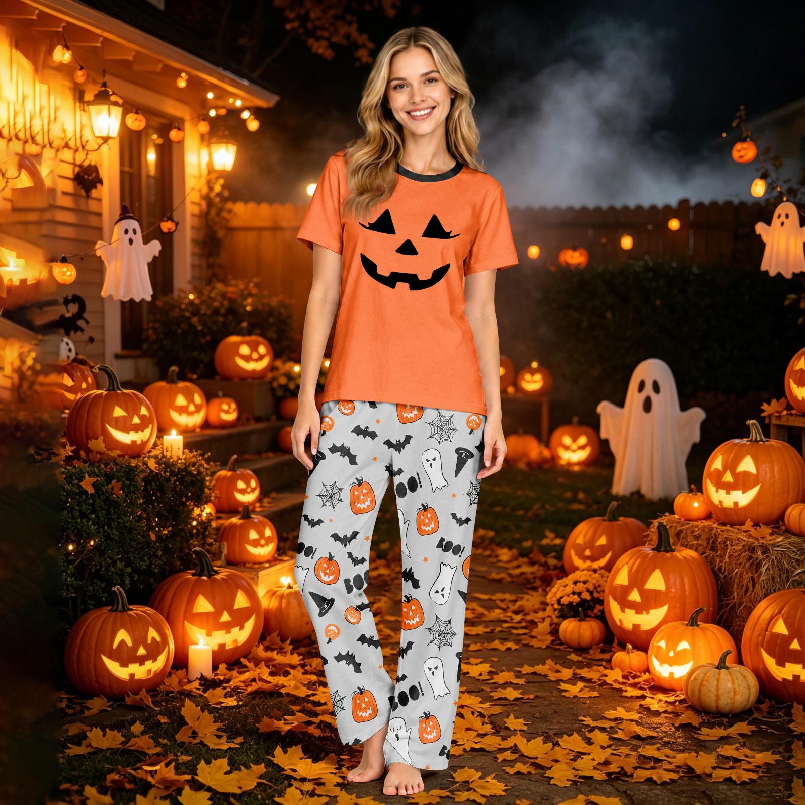 Matching Halloween Family Pajama Set Short Sleeve Printed Loungewear for Mom and Kids XXL
