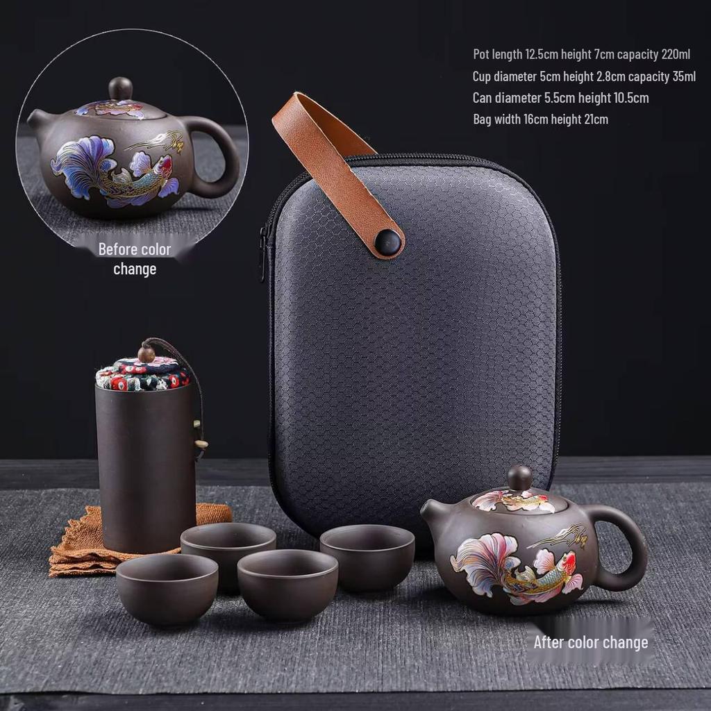 Portable Purple Clay Gongfu Tea Set: Includes 1 Pot and 4 Cups with Ceramic Dry Brew Travel Bag for Outdoor Use.