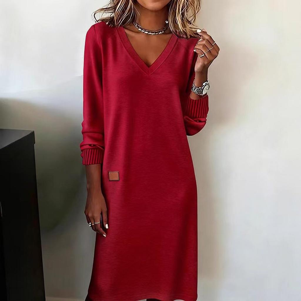 Women's Fashion Casual Spring And Fall Long Sleeve Slimming V-Neck Mid-length Knitted Dress
