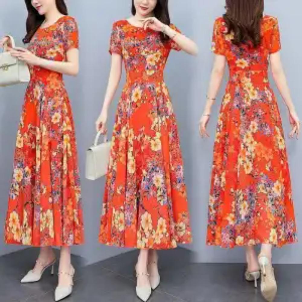 Elegant Fashion Harajuku Slim Fit Female Clothes Casual All Match A-line Skirt Patchwork Printed O Neck Short Sleeve Dresses