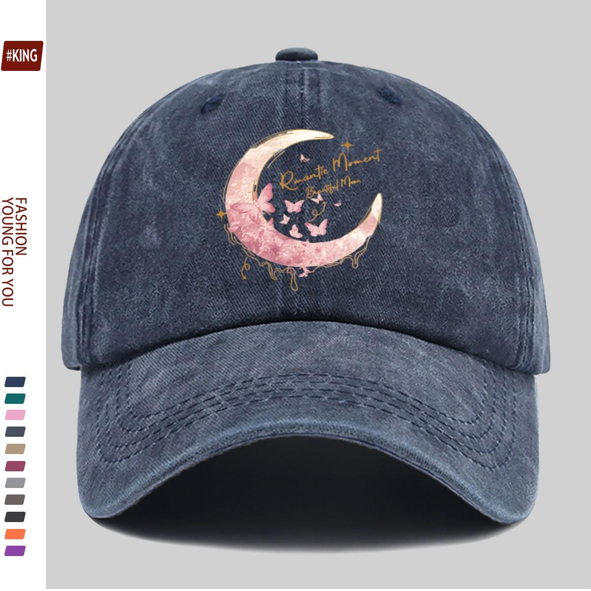 Pink Moon Butterfly Baseball Cap Washed Denim Artistic Streetwear Hip Hop Adjustable Cap One Size