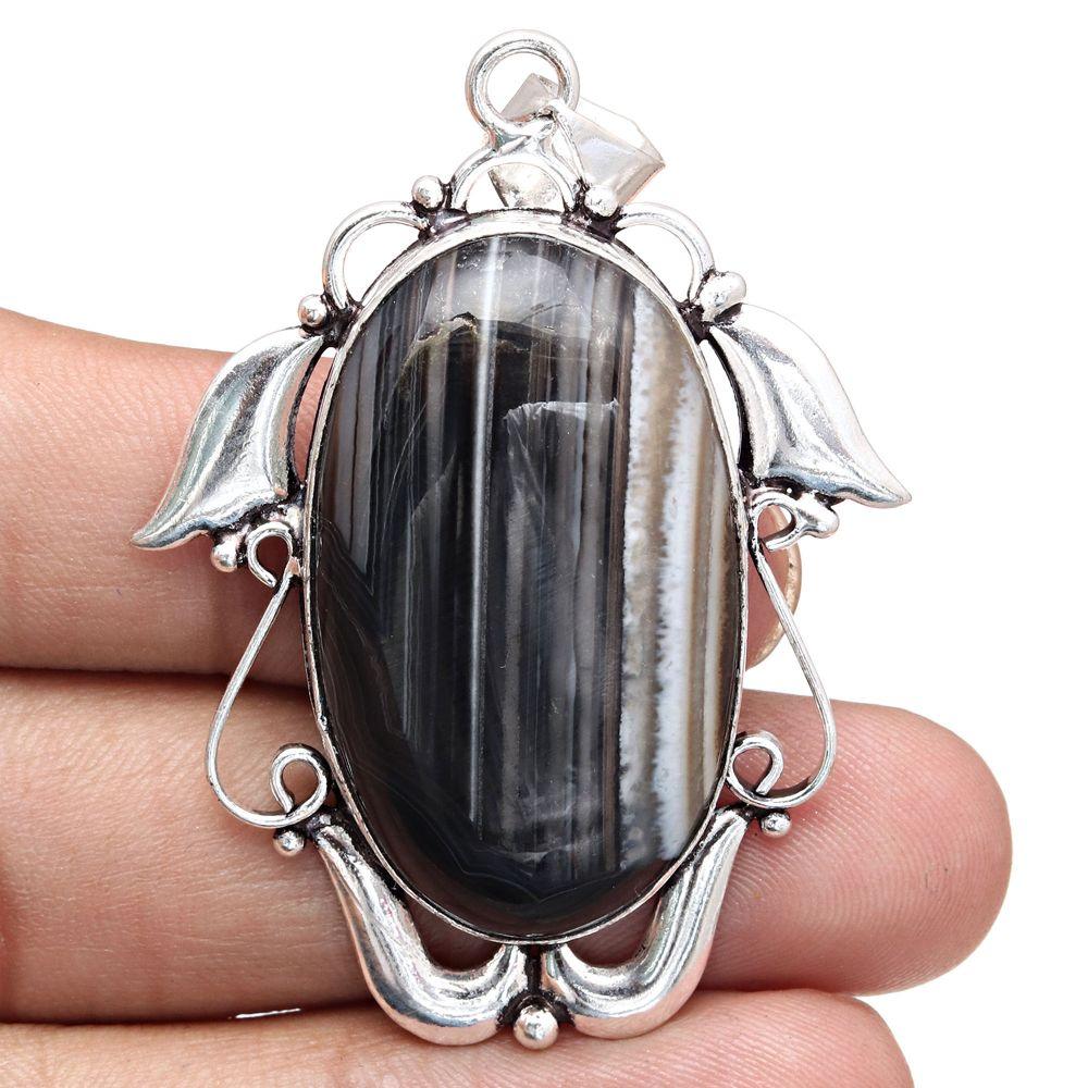 Pendant Grey Botswana Agate Gemstone Mother's Day Gift Silver Jewelry 2.25"
