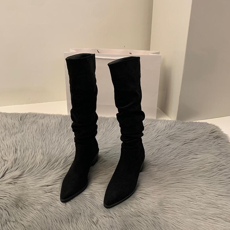 Vintage Pleated Woman Knee High Boot Elegant Low Heel Autumn Winter Shoes Ladies Pointed Toe Knight Long Booties