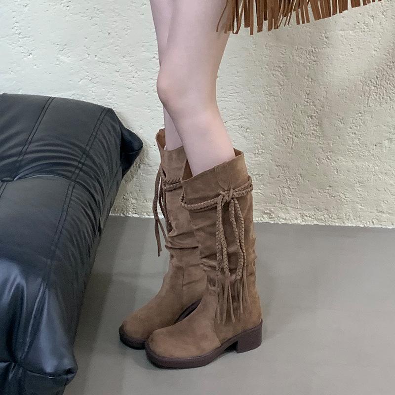 Retro suede thick heel boots women's autumn and winter new boots 2025 French high heel boots western cowboy boots