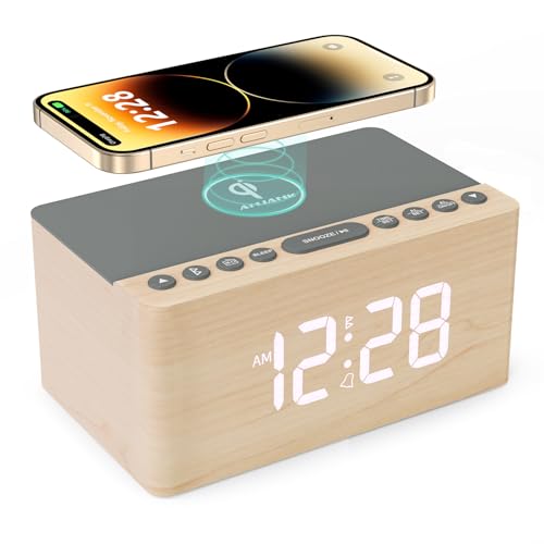 

ANJANK Wooden Alarm Clock with Bluetooth Speaker, FM Radio, Wireless Charger, USB Charging Port, 0-100% Dimmer, Sleep Timer, LED Display, Digital Cloc