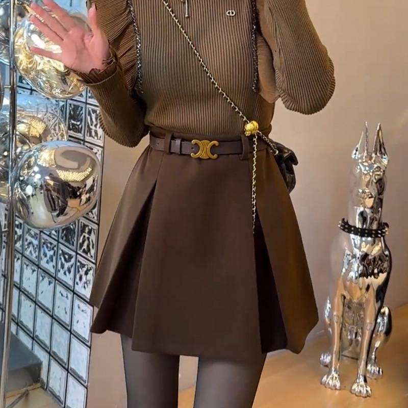 Women's Spring 2025 Korean Style Ruffle Sweater & High-Waisted Midi Skirt Two-Piece Set