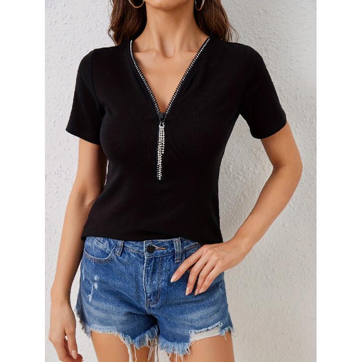 Spring Summer Autumn Solid Color Short Sleeved V-Neck Simple T-Shirt Slim Fit Sexy Temperament Fashionable Top Women'S Clothing