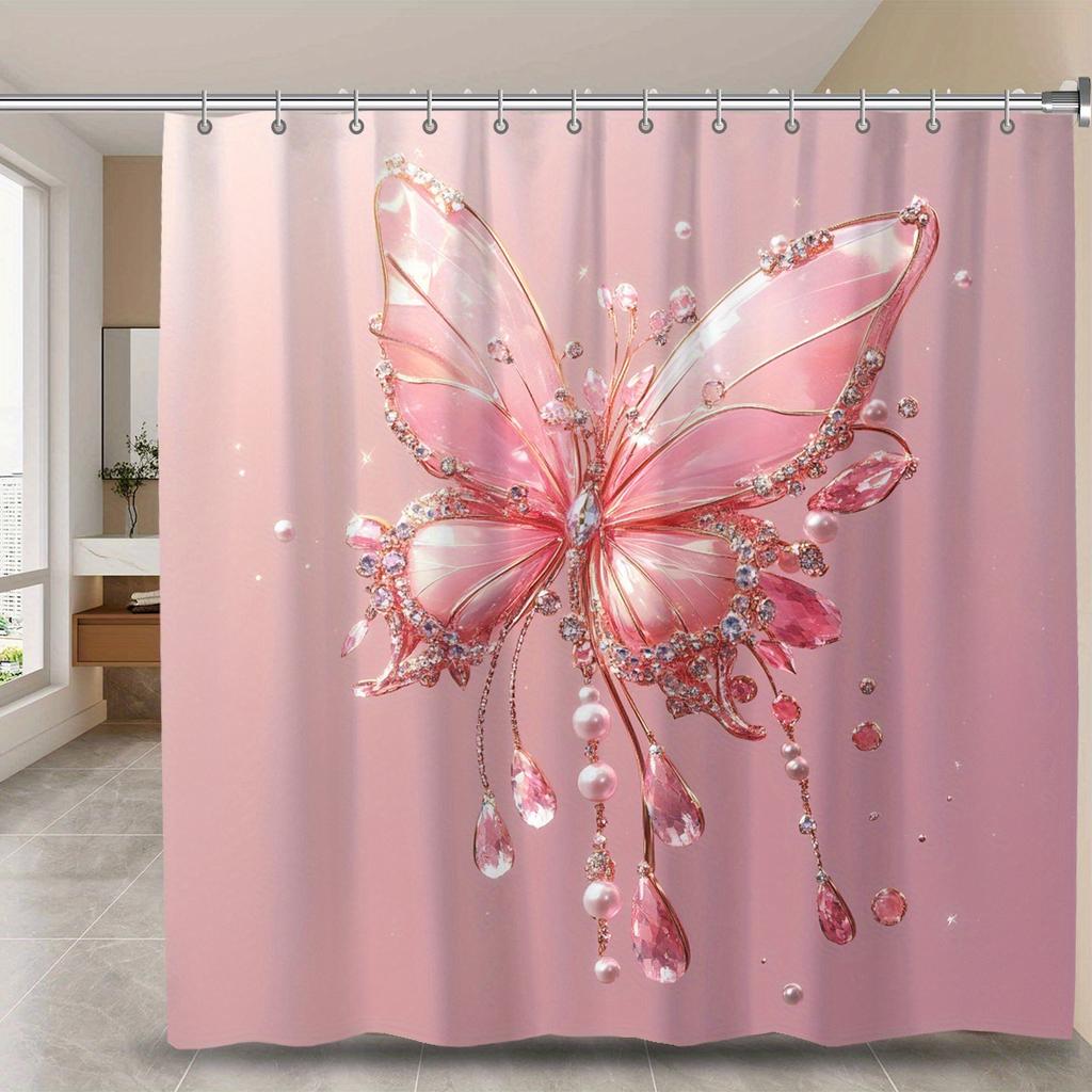 1Pc Shiny Pink Butterfly Print Waterproof Shower Curtain, Stain Resistant, Machine Washable Polyester Bathroom Decor With Hooks