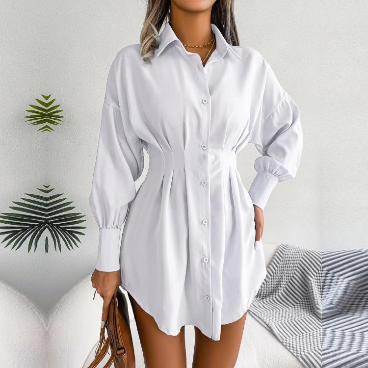 Women Autumn Winter High Waist Asymmetric Dress Shirt Solid Color Lantern Sleeve Lapel Neck Dress