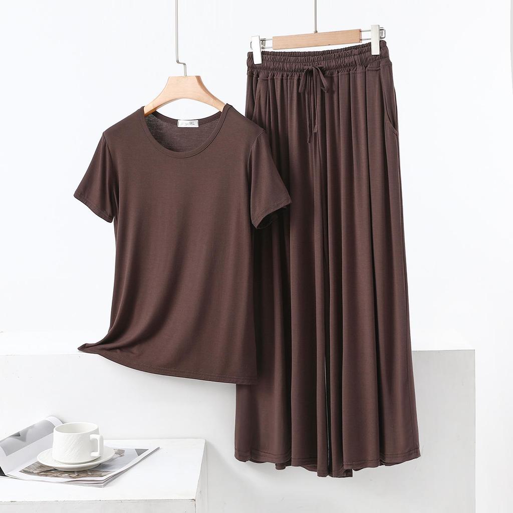Color Block Cotton Crew Neck Two-Piece Set: Short Sleeve Top & Wide Leg Drawstring Pants