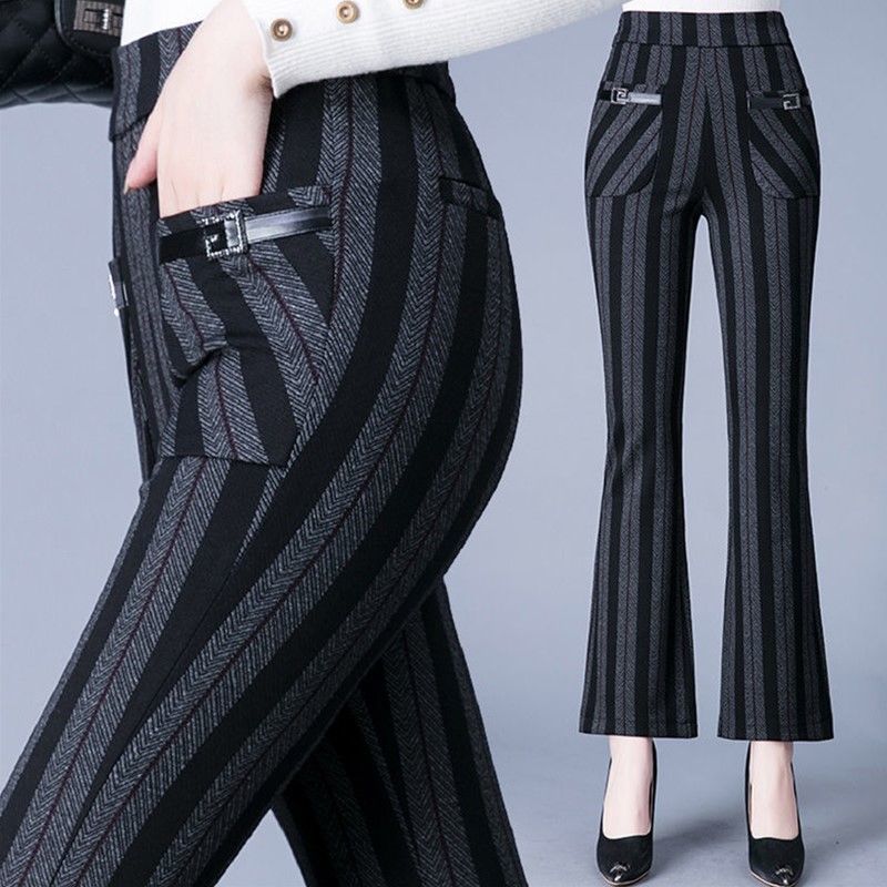 Vintage Høst Vinter Slengbukser Ny Dame Lomme Stripete Rutete Elastisk Høy Midje Mote Allsidige Bukser