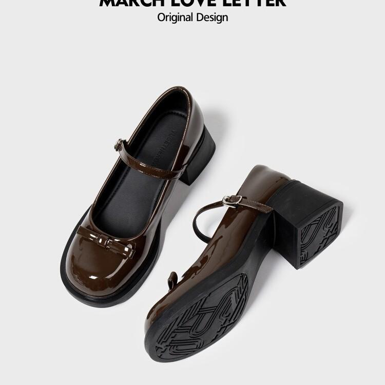 

March Love Letter Bow Mary Janes: French Platform Leather Shoes for Women, 2025 Spring/Autumn Collection, Medium Chunky Heel. 34