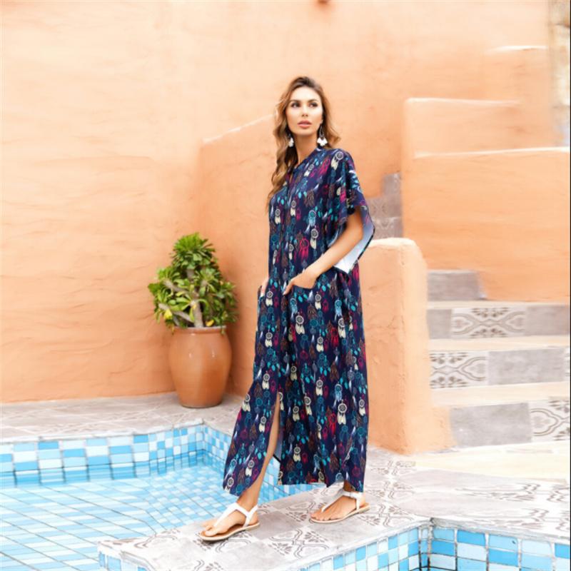 2022 Casual Bikini Cover-ups Blaue Tunika Sexy Gestreifte Vorne Offen Sommer Strand Kleid Elegante Frauen Strand Tragen Badeanzug cover Up Q1097