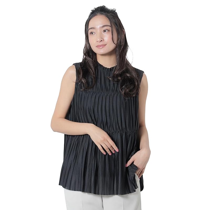 

[Beams Heart] S/S shirt high neck pleats blouse ladies BLACK ONE SIZE