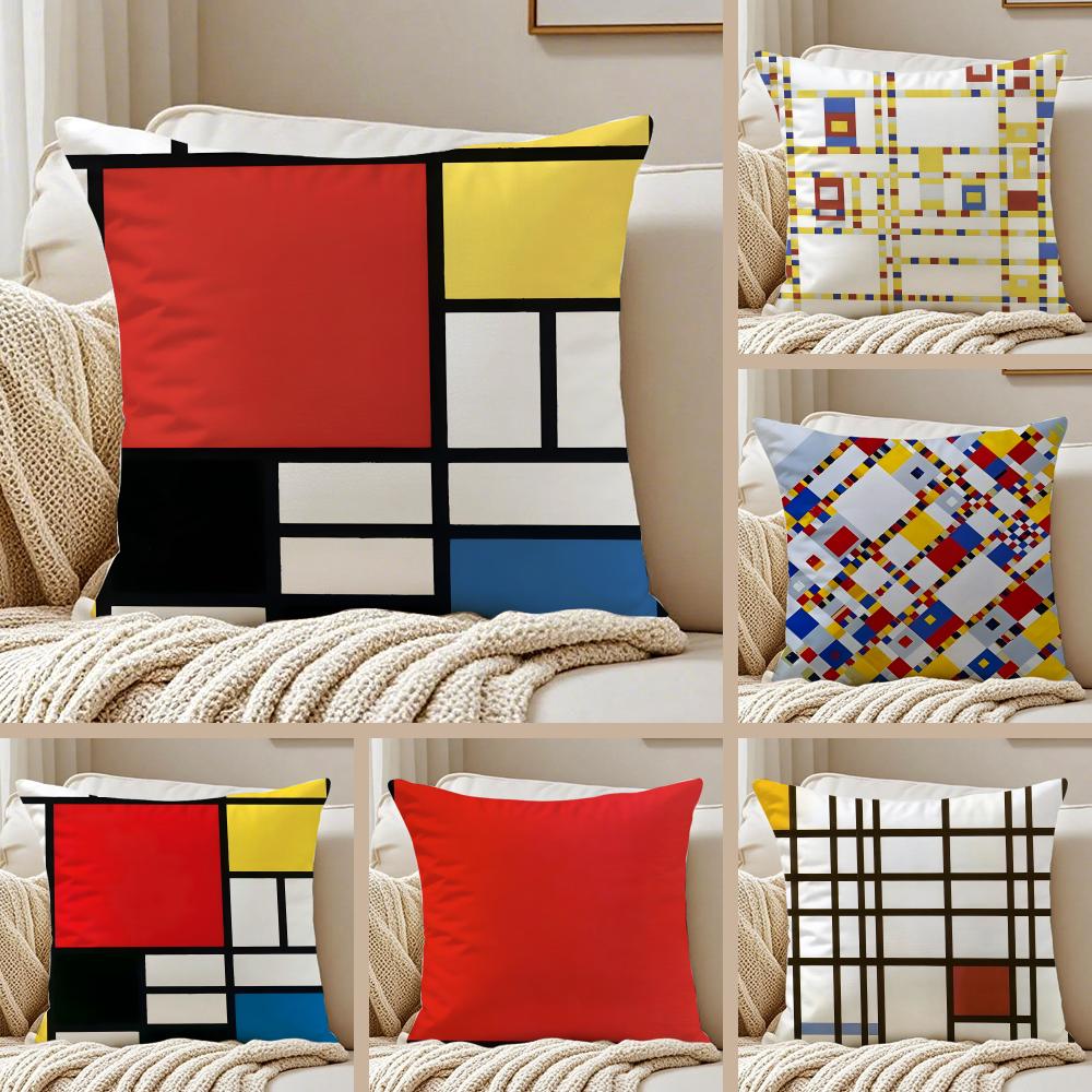 Classic Bright Simple PPiet Cornelies Mondrian Cushion Cover Pillowcase Antidustmite Invisible Zipper Short Plush Sofa Cushion