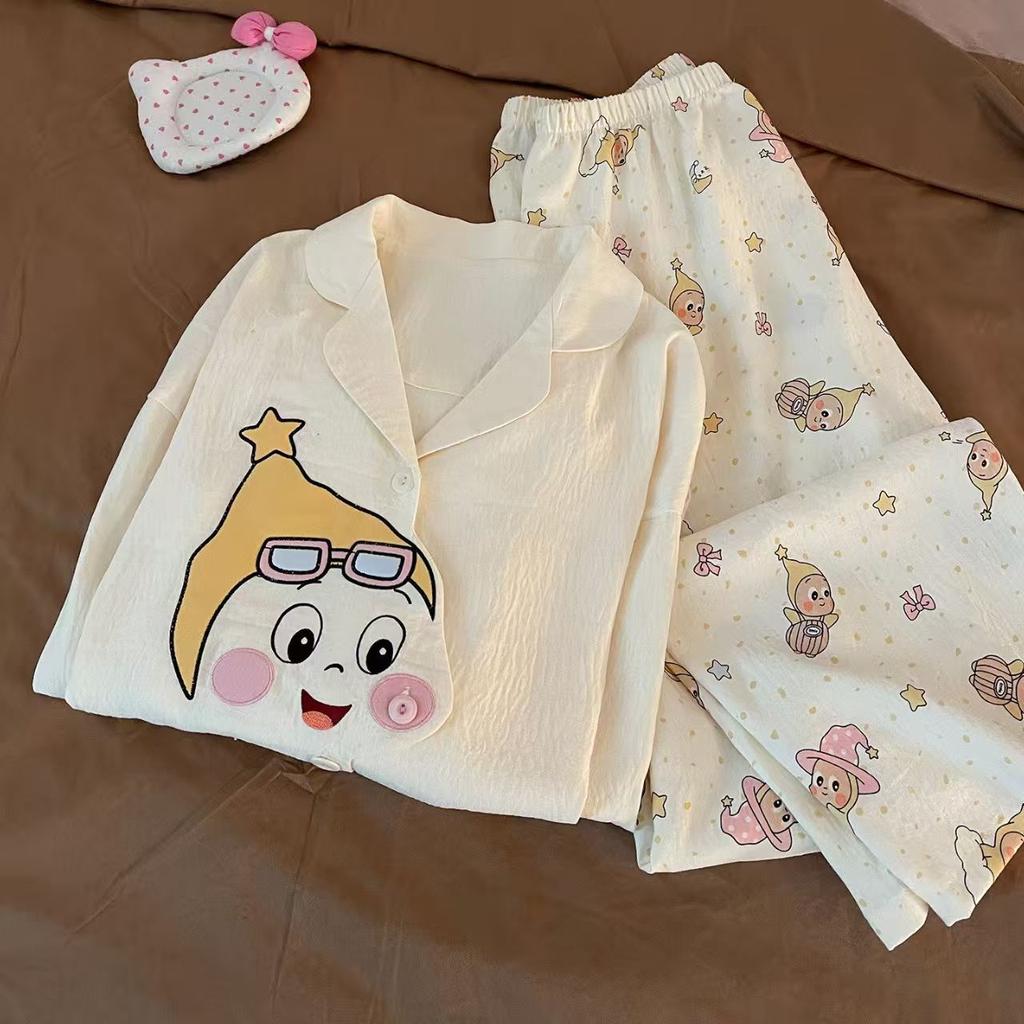 Girls' Star Girls Pajamas Spring and Autumn Cardigan Lapel Double Long Suit Students can wear loungewear outside