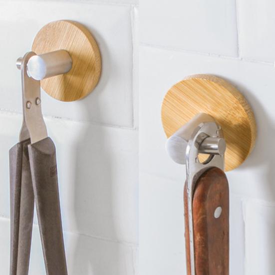 Lemn, oțel inoxidabil, adeziv puternic, cârlig pentru haine, umeraș de perete