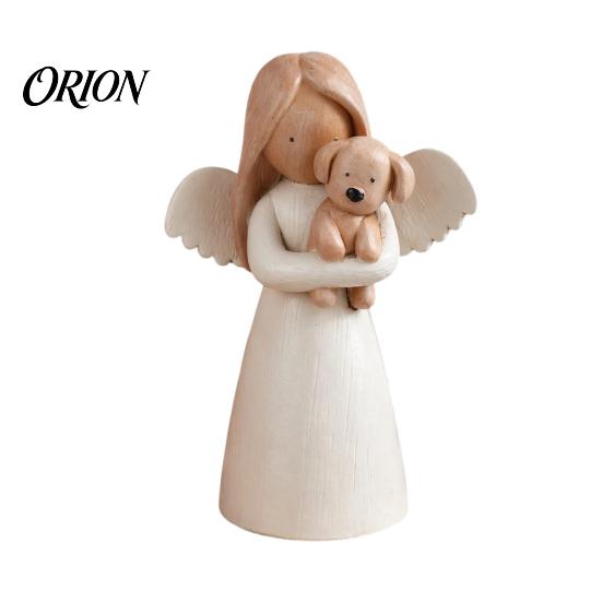 Heartwarming Pet Keepsake Angel Holding Puppy Figurine, Cute Dog Resin Statue for Home Decorative Accents Entrance Desk Decor, Handcrafted Wood