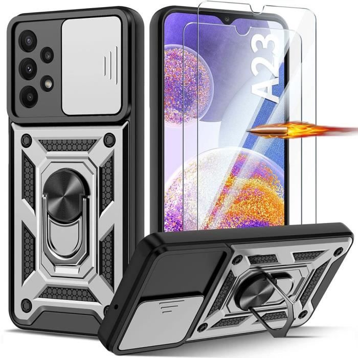 Coque pour Samsung Galaxy A23 5G - Argenté - 2 Verres Trempés - Cache Caméra - Support Vidéo