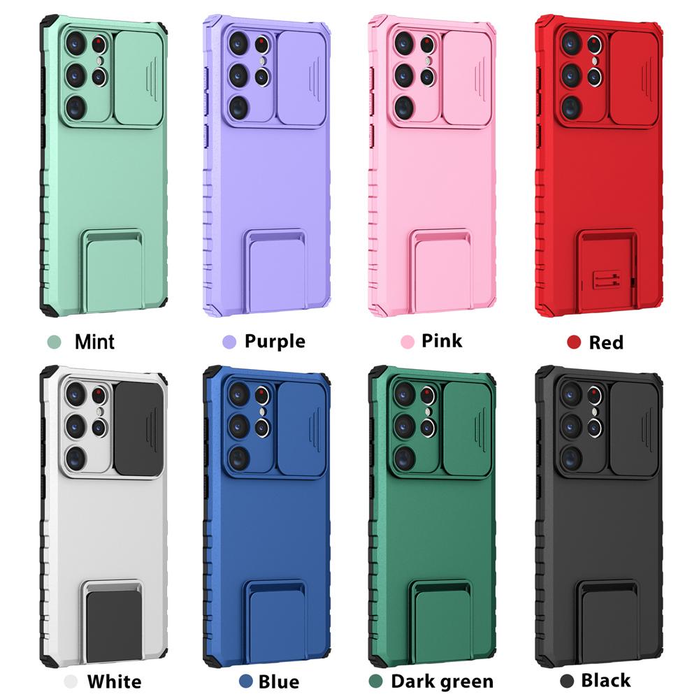 Peatkop Shockproof Case for Samsung S23 Ultra 5G S22+ S21 FE Slide Camera Lens Protection Stand Phone Cover for Galaxy Note 20