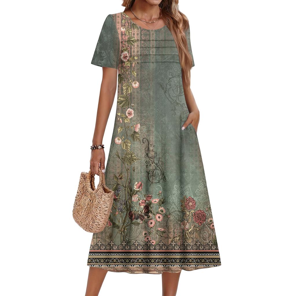 Damenkleid mit Blumenmuster, lässig und modisch, kurzärmelig, Rundhalsausschnitt