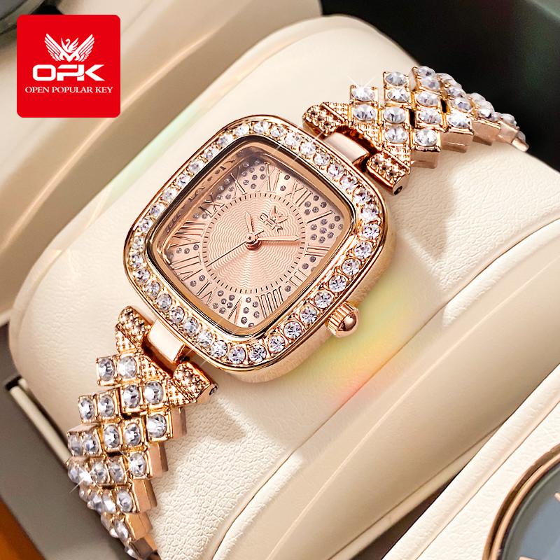 OPK 6048 Full Diamond Quartz Watches for Women Elegant Fashion Rose Gold Steel Strap Waterproof Luxury Ladies Dress Wristwatches