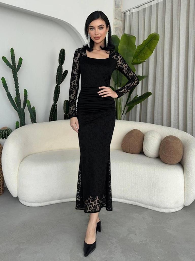 Autumn Winter Women's Elegant Lace Square Neck Pleated Long Dress