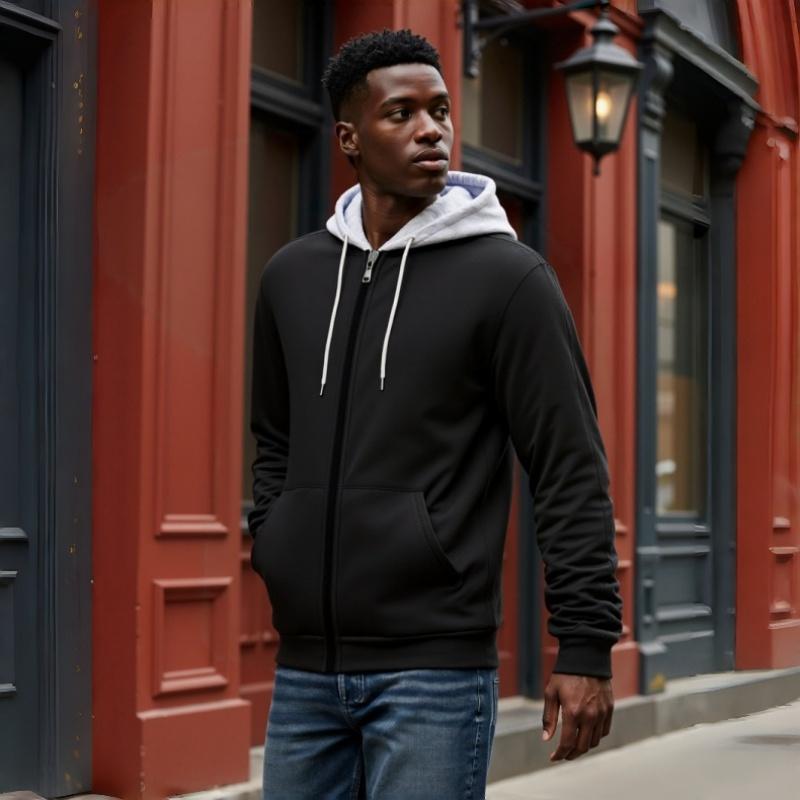 Men's Zip-Up Hoodie Sweatshirt Casual Fleece Jacket with Drawstring Hood Front Pockets Comfortable Streetwear for Autumn & Winter