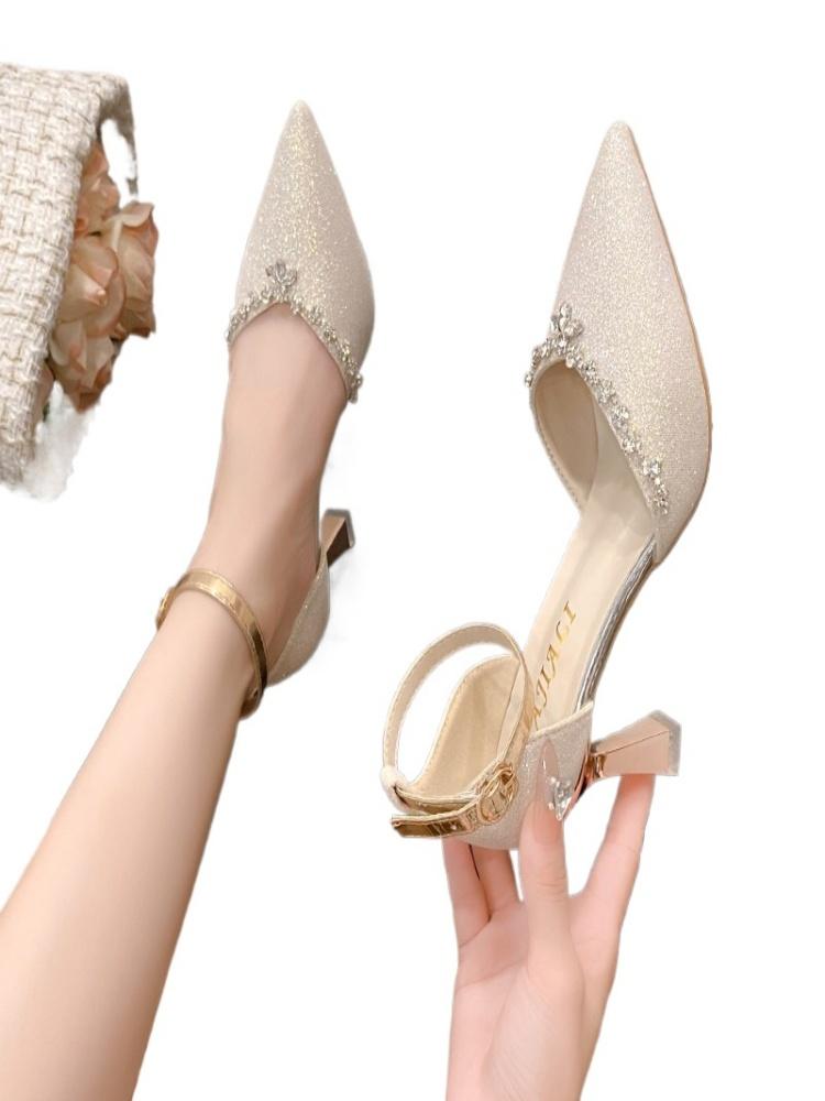 Fashion One Strap Hollow Heels Autumn New Pointed Toe Shallow Slip Rhinestone Non-slip Stiletto Single